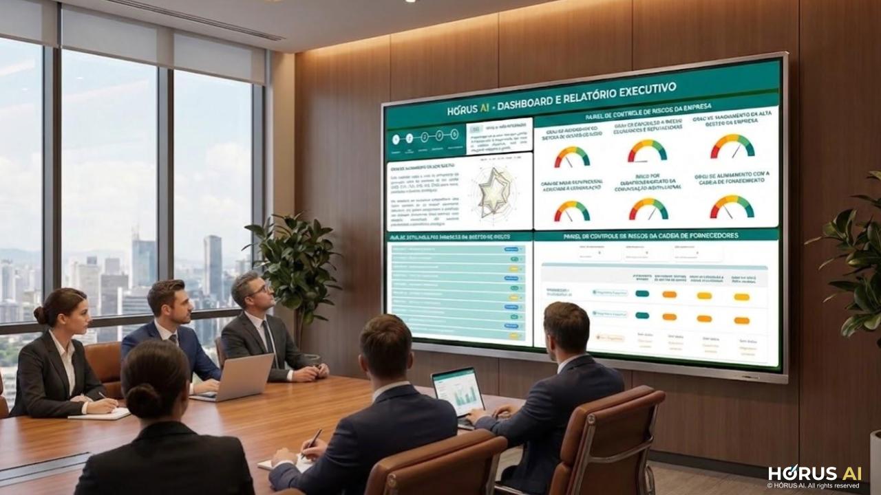 Executivos analisando dashboard estratégico da Hórus AI em sala de reunião